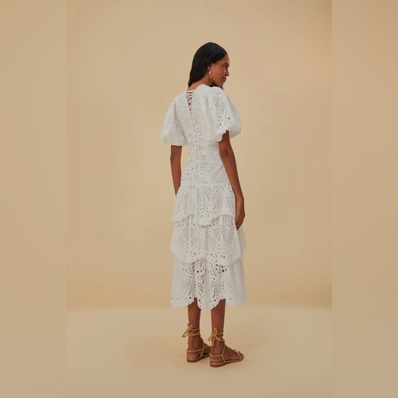 Farm Rio White Cotton Eyelet Puff Sleeve Midi Dress - Picture 4 of 6